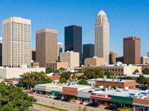 View of Houston's skyline representing local business growth.