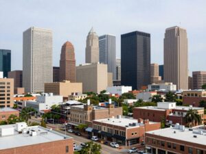 A vibrant Houston business district with modern architecture and local enterprises.