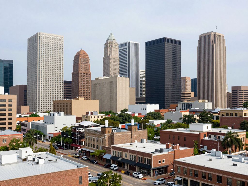 A vibrant Houston business district with modern architecture and local enterprises.