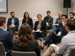 A conference room filled with diverse entrepreneurs in discussion about leadership.