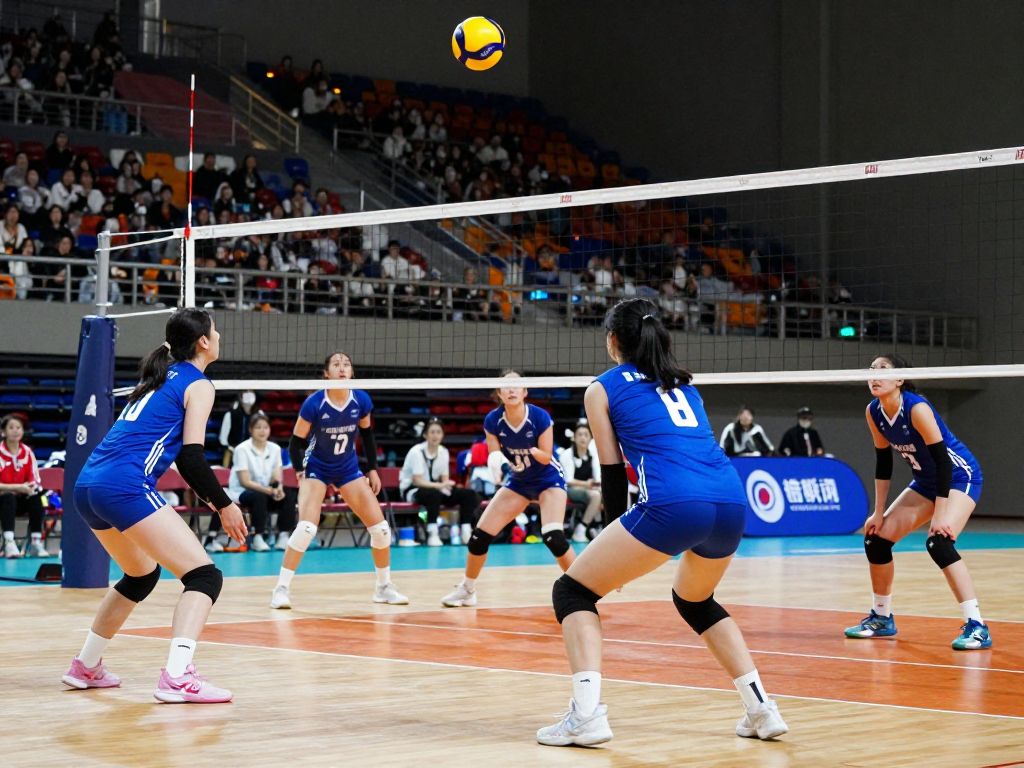 College athletes playing volleyball in an energetic match