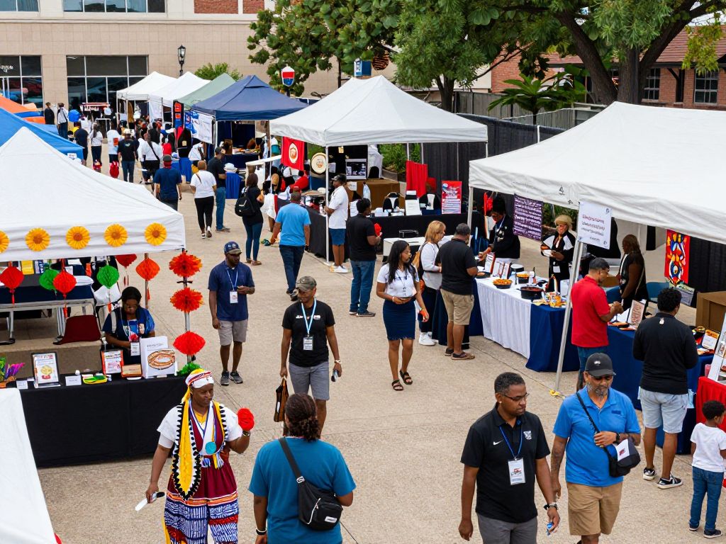 Crowd enjoying a community expo in Houston with diverse cultural displays.