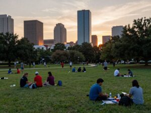 Community park in Houston at sunset, symbolizing unity and remembrance.