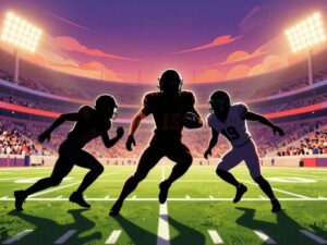 Illustration of a football field with player silhouettes and a stadium background representing college football.
