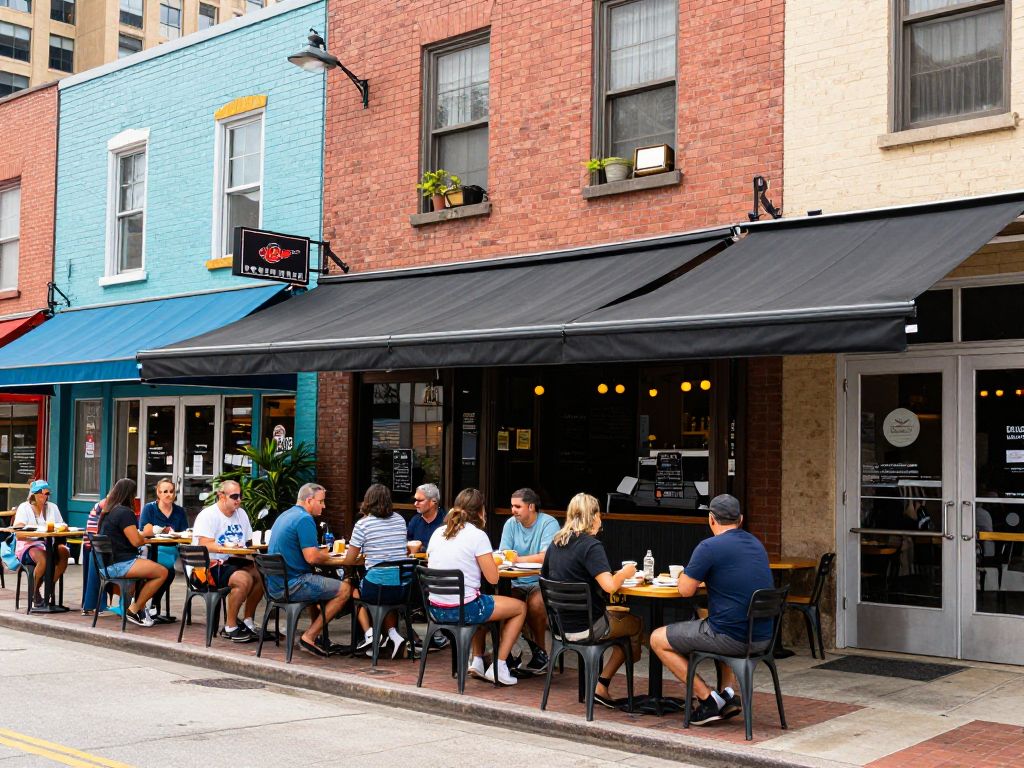 Diverse restaurants in Houston with outdoor dining and vibrant atmosphere.