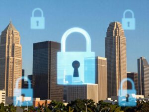 Houston skyline with digital security symbols