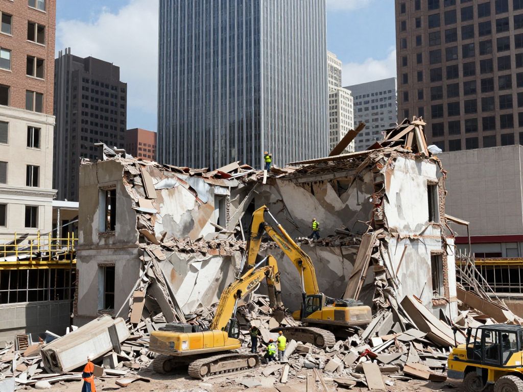 Construction workers demolishing derelict buildings in Houston
