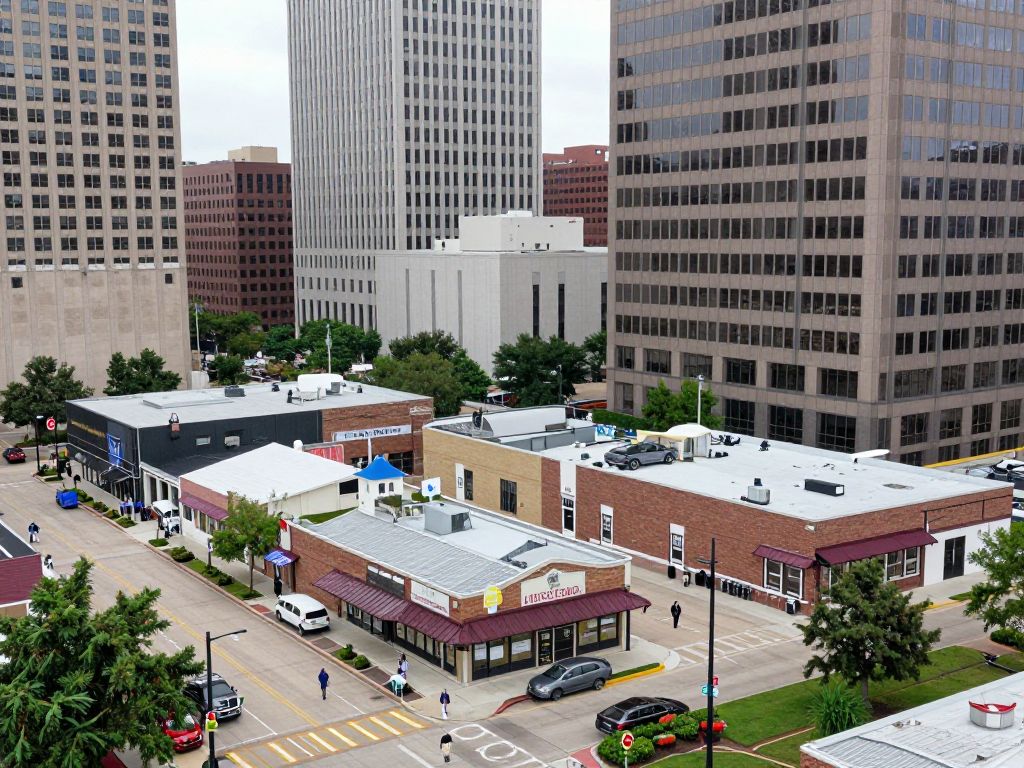 A vibrant urban scene of Houston with a mix of small and large businesses