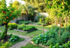 Edible landscape garden in Houston with fruits, vegetables, and native plants.