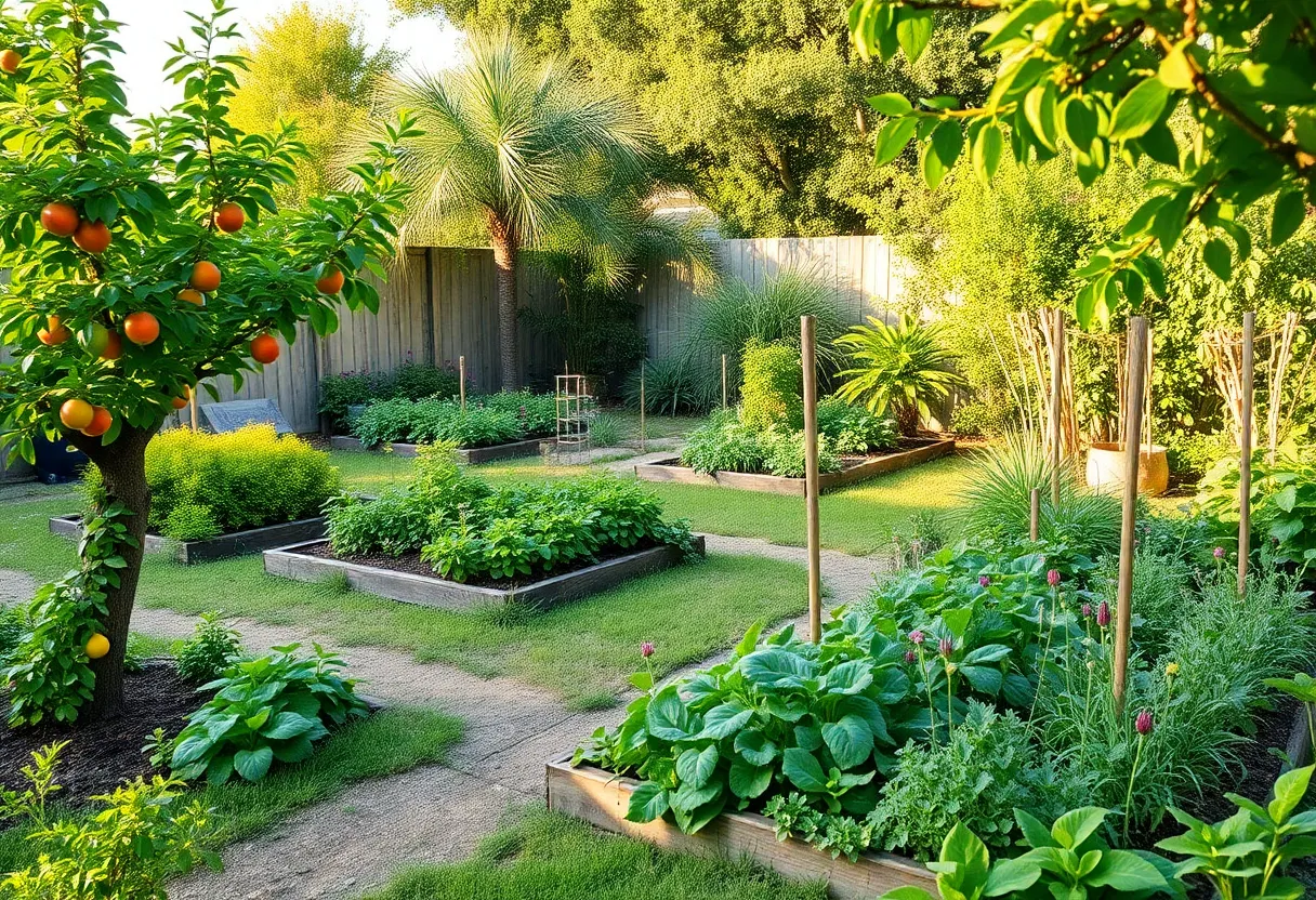 Edible landscape garden in Houston with fruits, vegetables, and native plants.