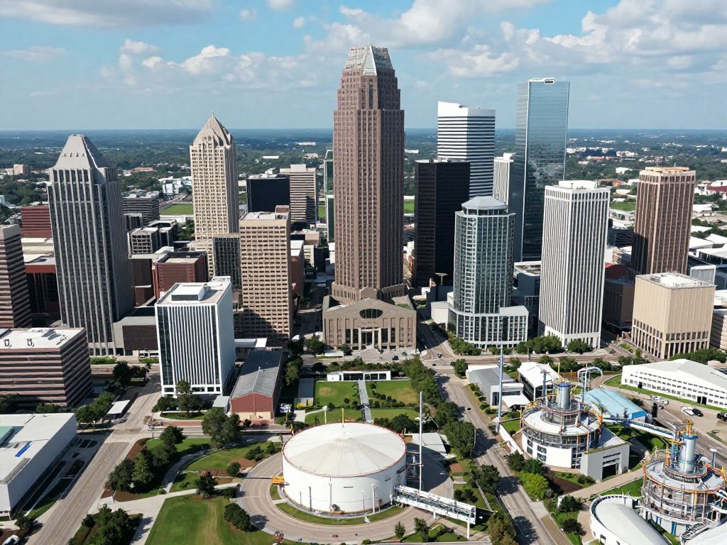 Aerial view of Houston showcasing energy and technology sectors