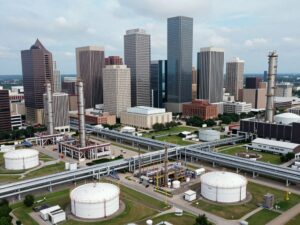 Aerial view of Houston energy infrastructure with pipelines