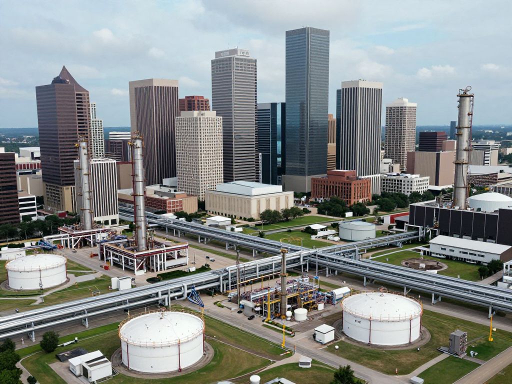 Aerial view of Houston energy infrastructure with pipelines