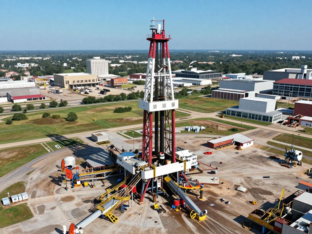 Aerial view of oil drilling operations in the Houston energy sector.