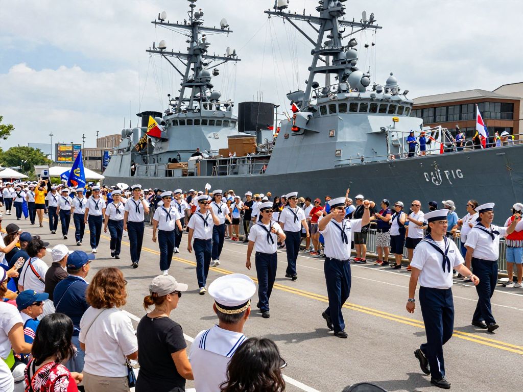 Parade celebrating Fleet Week in Houston with families and Navy ships.