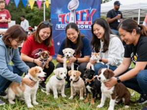 Families adopting pets at a Houston pet adoption event surrounded by festive decorations