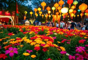 Beautiful garden illuminated with lanterns during an event in Houston.