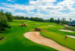 A golf course in Houston being renovated with construction equipment and golfers visible