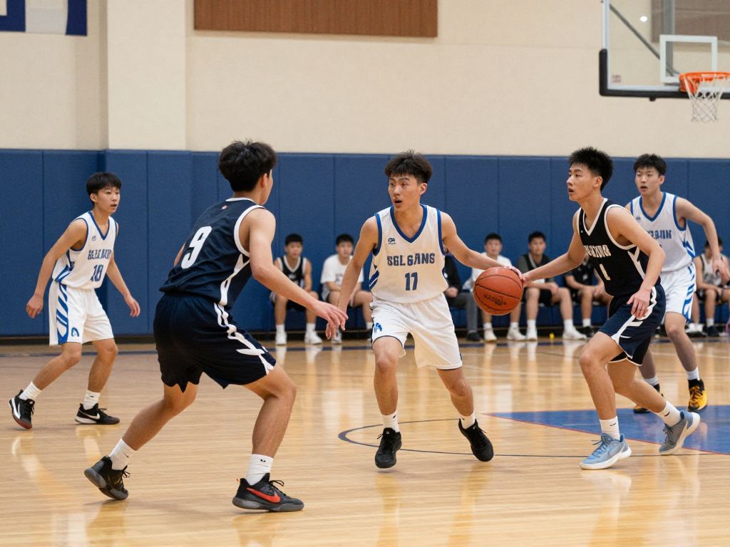 High school basketball players competing on the court