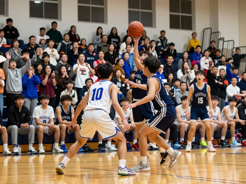 Houston high school basketball teams in action during a game.