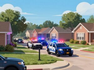 Police lights in a Houston neighborhood signifying a recent crime scene.