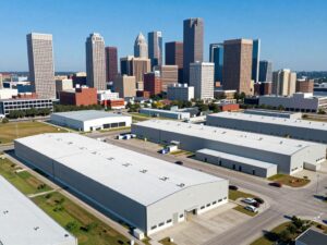 Aerial view of Houston's industrial area with modern logistics facilities.