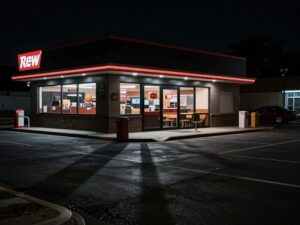 Dark street symbolizing crime near a fast-food restaurant
