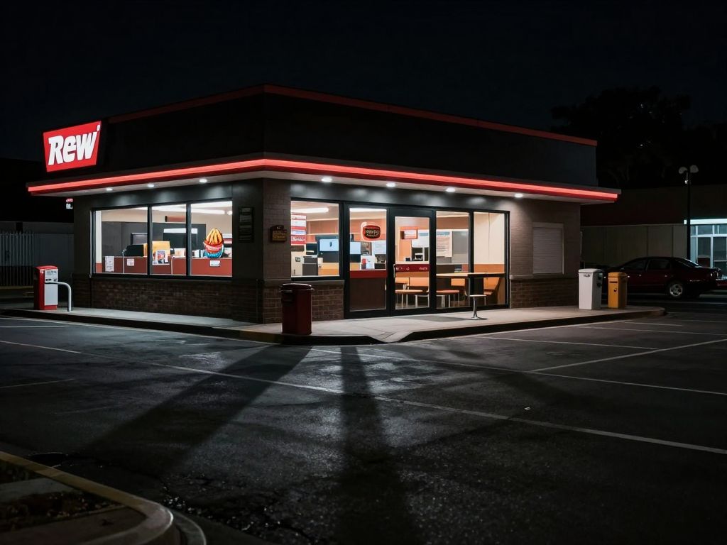 Dark street symbolizing crime near a fast-food restaurant