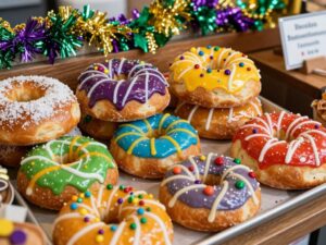 Display of various King Cakes in a Houston bakery during Mardi Gras season