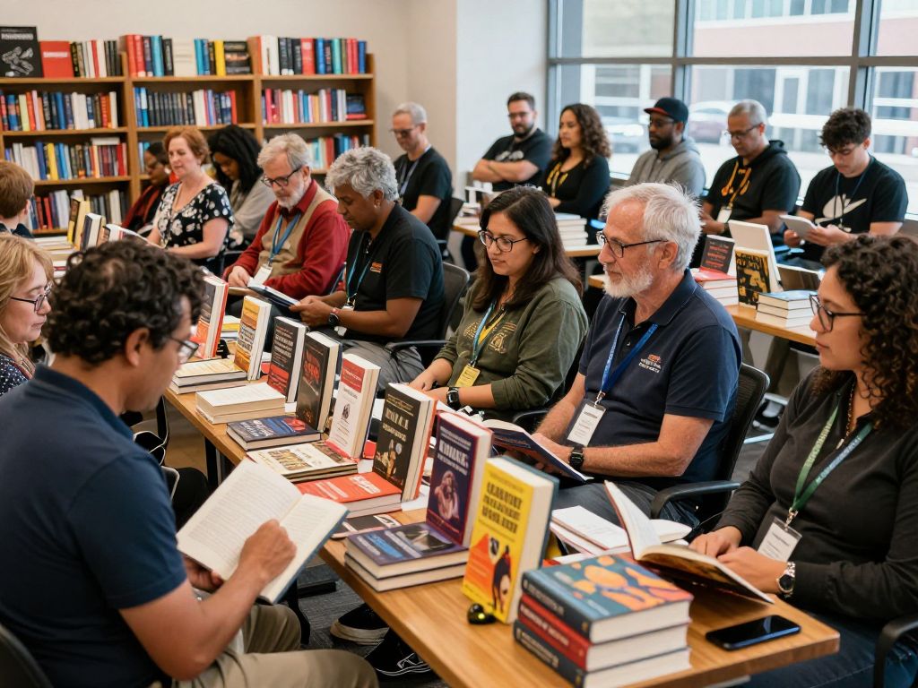 A collage of books and authors in Houston's literary scene.