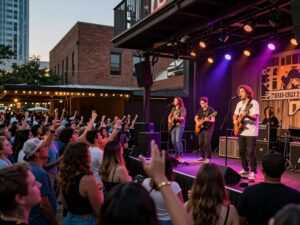 Crowd enjoying a live music performance at a historic venue in Houston