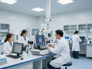 Scientists working in a modern neuroscience research facility in Houston.