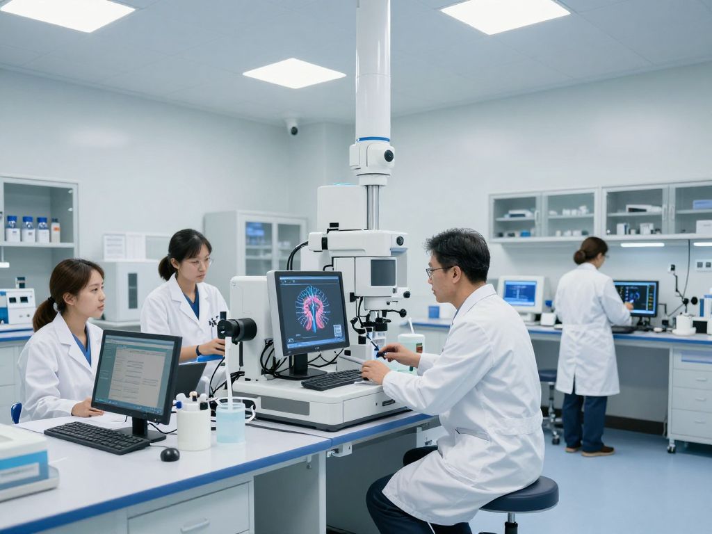 Scientists working in a modern neuroscience research facility in Houston.