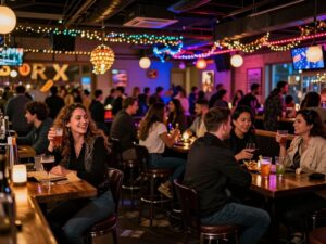 Groups of people celebrating New Year's Eve at a bar crawl in Houston.