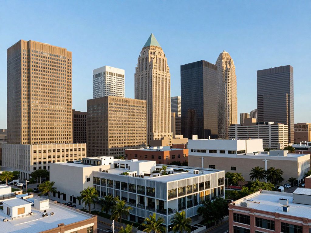 Aerial view of Houston showcasing office skyscrapers and coworking spaces.