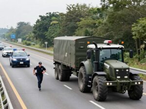 Police chase involving military-style tractor-trailer on highway
