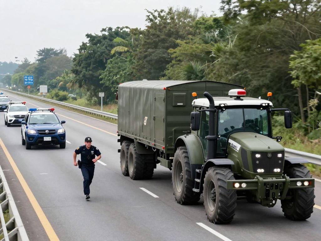 Police chase involving military-style tractor-trailer on highway