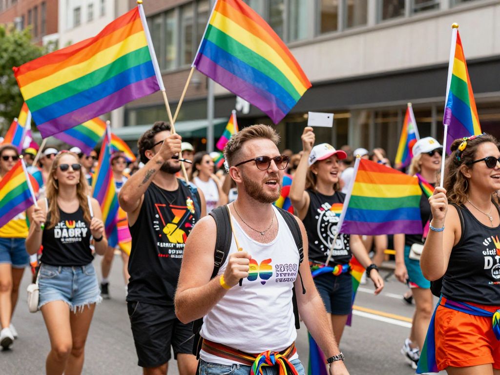 Participants celebrating at the Houston Pride Festival with rainbow flags.