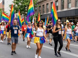 Houston Pride parade with rainbow flags and diverse community members