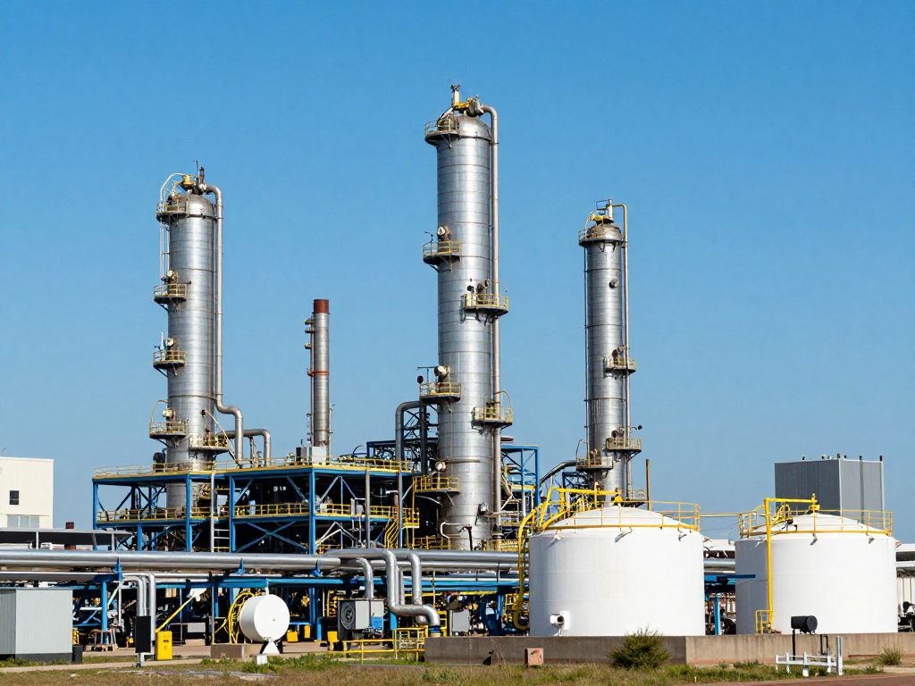 Houston refinery processing Venezuelan crude oil with industrial structures and blue sky.