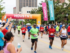 Participants running in the Houston Rodeo Run event in downtown Houston.