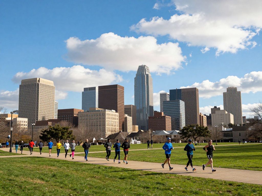 A warm January day in Houston with the skyline visible and runners in a park.