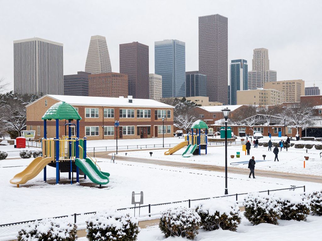Snow-covered Houston skyline with schools closed