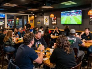 Fans celebrating at a Houston Texans playoff watch party