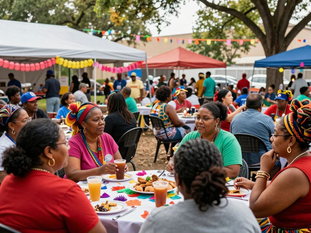 Diverse community gathering in Houston celebrating Venezuelan culture.