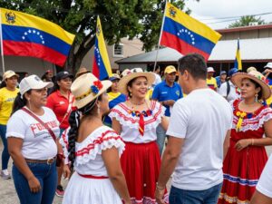 Community gathering of Venezuelans in Houston with flags and cultural displays