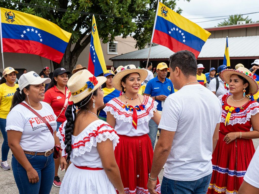 Community gathering of Venezuelans in Houston with flags and cultural displays