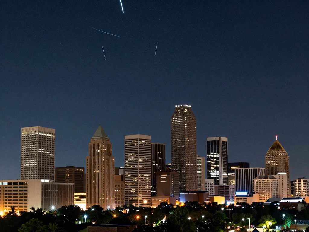 Night sky with meteor shower over Houston skyline and cultural landmarks