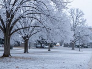 Winter scene in Houston showing ice and cold weather conditions.
