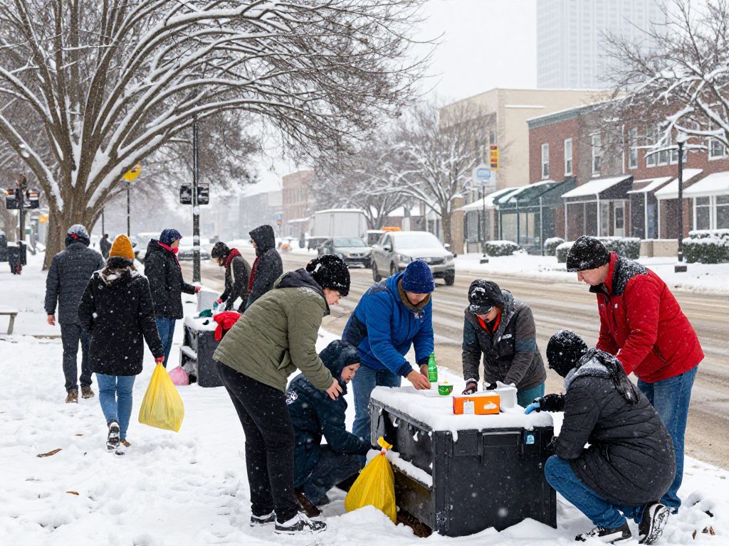 Community members assisting others during Houston's winter storm, with snow-covered streets and warming centers in the background.